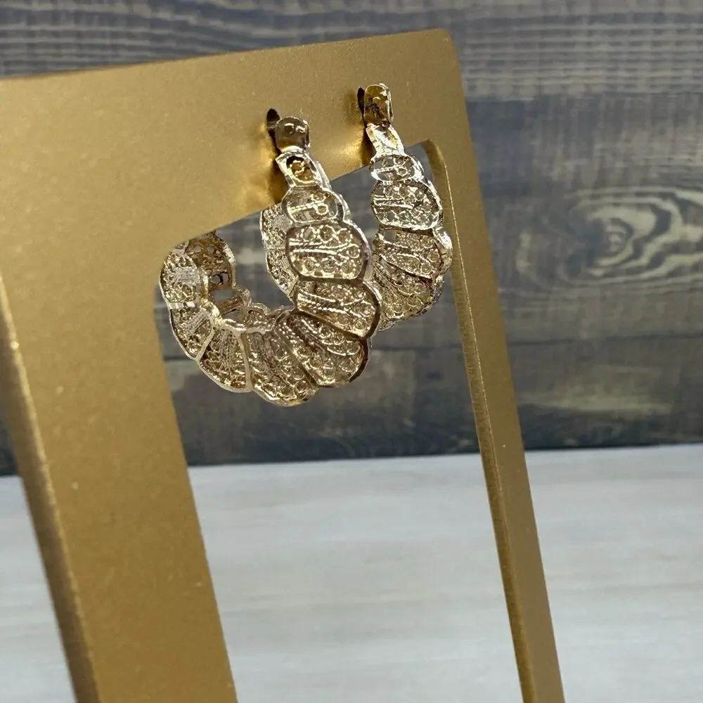 Vintage 925 Sterling Silver Vermeil Gold Filigree Hoop Earrings